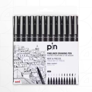 Uni Pin Set of 12 Fineliner Black Drawing Pen